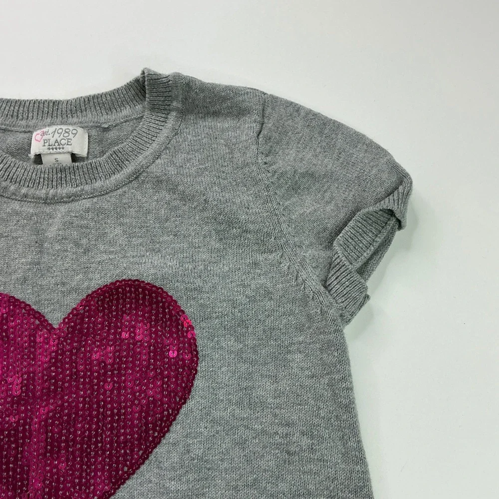 The Children's Place Grey Sweater Dress Kids 5/6 Pink Sequin Heart Short Slv